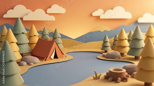 Orange camping tent nestled beside a calm blue lake within a whimsical paper craft forest featuring stylized evergreen trees under a soft golden sunset sky
