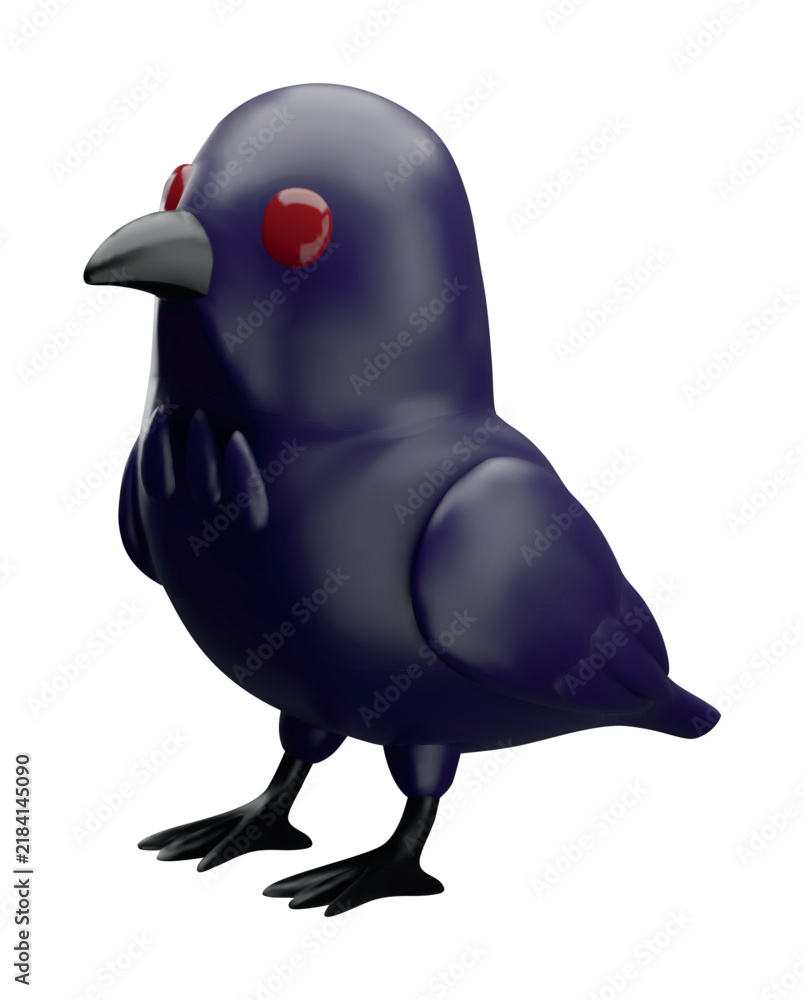 Obraz premium Black bird raven, crow 3D plastic cartoon style vector icon, Halloween spooky symbol, volume pigeon fowl character