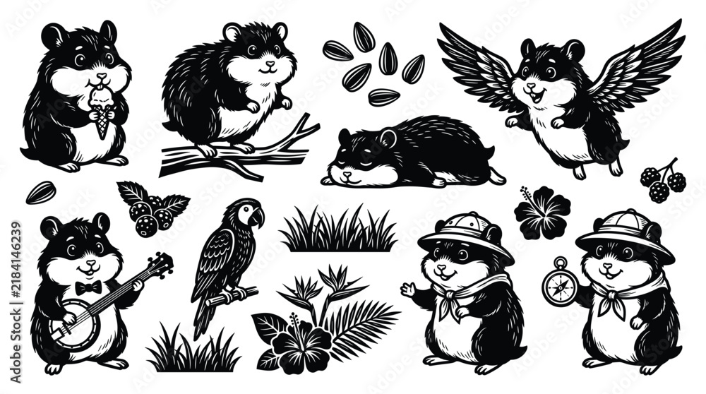 Obraz premium Funny Animal Icons Set with Cute Cartoon Cat, Dog, Bear, Owl, Rabbit, Fish and Bird Silhouettes, Halloween Monster Vector Illustration Collection for Logo and Design