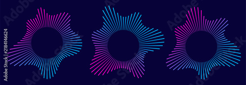 Sound equalizer icons with lines, gradient neon circular sound wave frames, abstract radial music icons. Audio beat symbol concept isolated on dark background. Vector illustration.