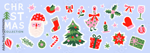 Set of Christmas icons and elements in a modern paper-cut collage style. Featuring Santa Claus, fir tree, gifts and festive ornaments for holiday decor and stickers, vector illustration.