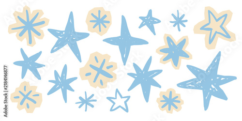 Set of hand-drawn stars and celestial shapes in blue and beige colors in sketch style. Isolated elements for Christmas decor, holiday stickers and nursery design, vector illustration.