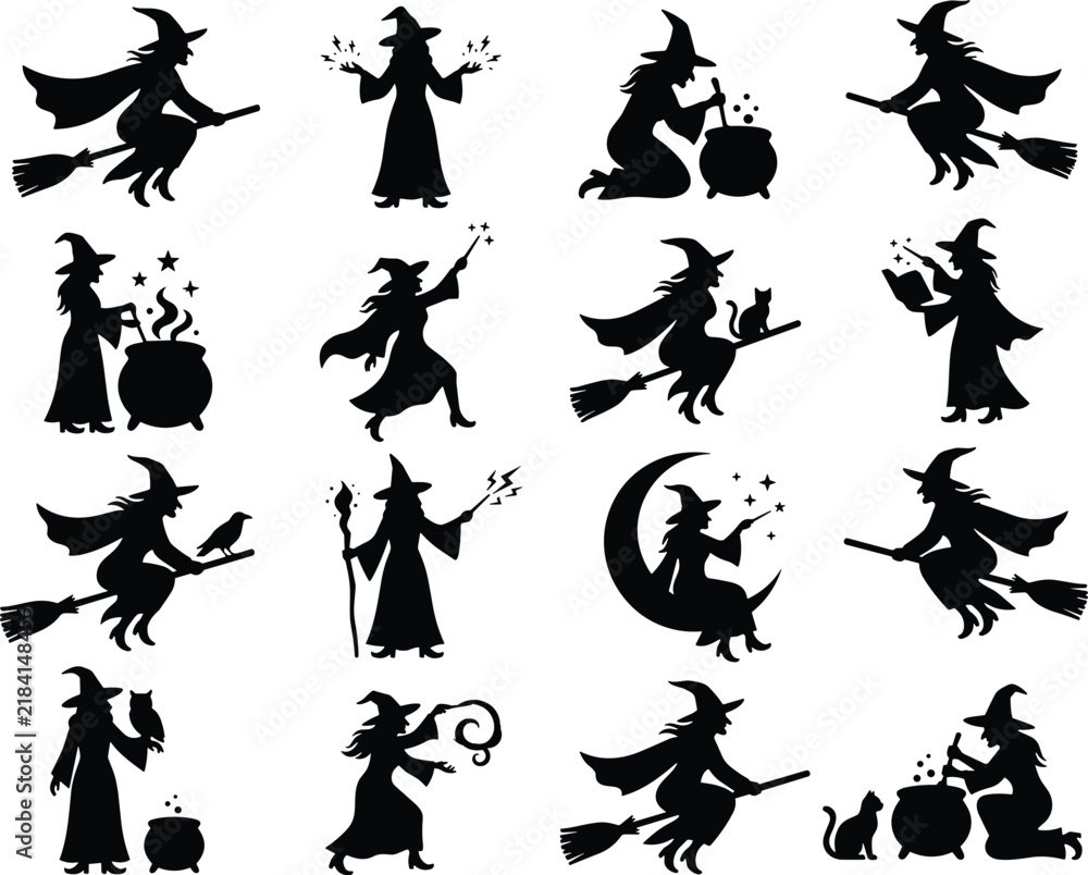 Fototapeta premium Black silhouette vector collection of witches with broomsticks, cauldrons, and magical poses