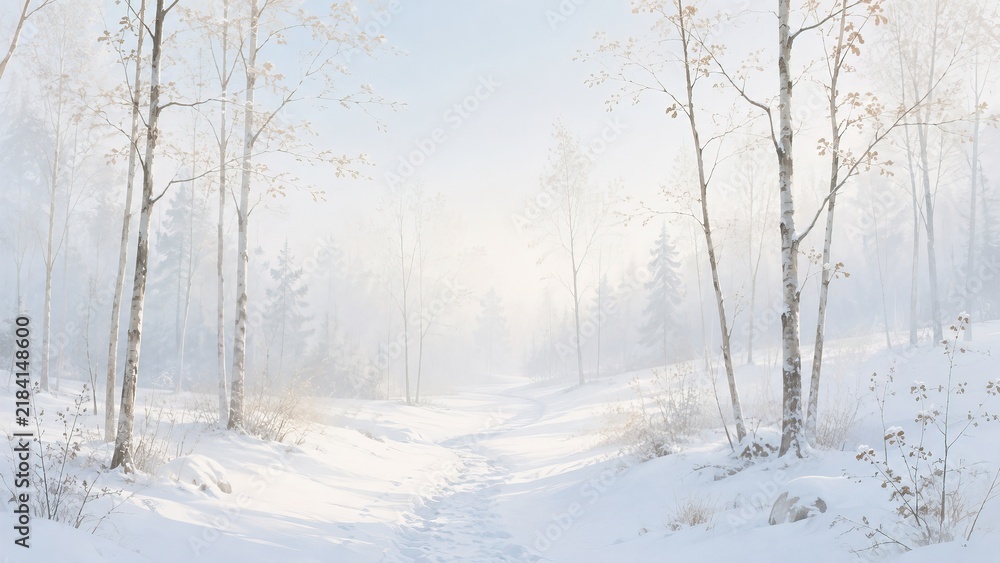 Fototapeta premium Snowy path through birch forest on foggy winter day