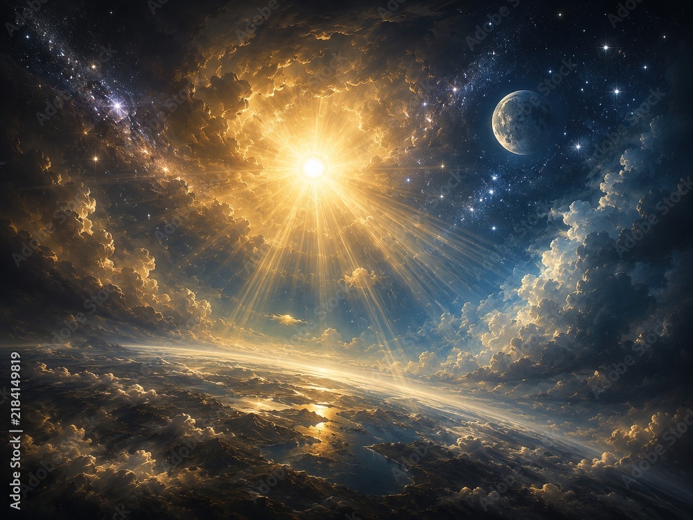 Fototapeta premium Cosmic creation of world scene with sun moon and stars above planet