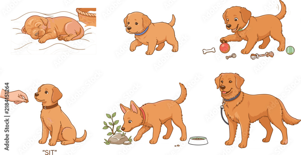 Obraz premium Golden retriever puppy growth stages and daily routines set featuring sleeping walking playing with toys sitting for treat sniffing plant and adult dog standing on leash vector illustration