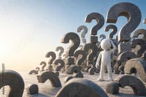White figure stands among many stone question marks. Space for text.