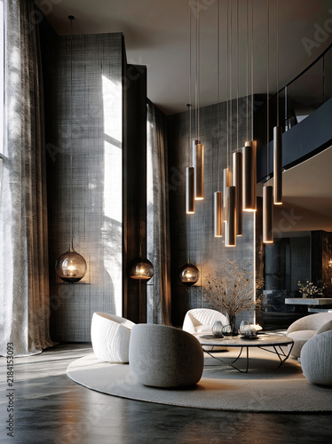 Nowoczesny, luksusowy salon z wysokimi sufitami, ciemnymi ścianami i jasnymi, obłymi fotelami wokół stolika. Wnętrze rozświetlają wiszące, designerskie lampy w kształcie tub oraz wysokie okna.