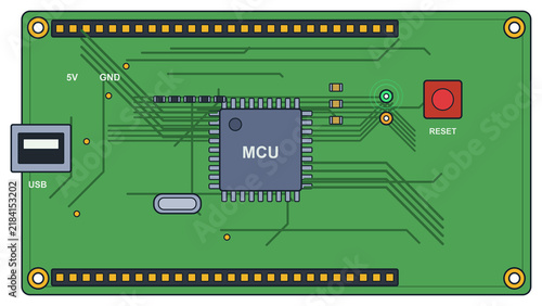 Microcontroller development board with pin headers and USB port