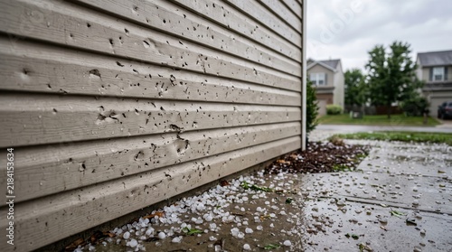 Suburban home with hail-damaged vinyl siding, detailed dents and impact marks visible in the foreground, illustrating property damage inspection