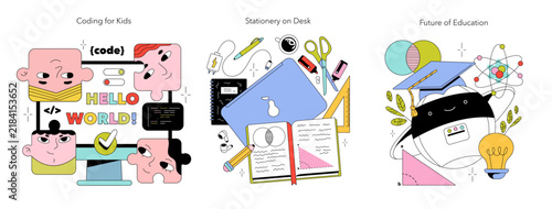 Education Icons Showing Coding Study and Future Learning