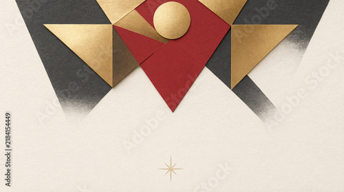 A minimalist geometric composition of overlapping gold and crimson paper shapes forming a star-like pattern on a textured off-white background. Perfect for luxury branding or
