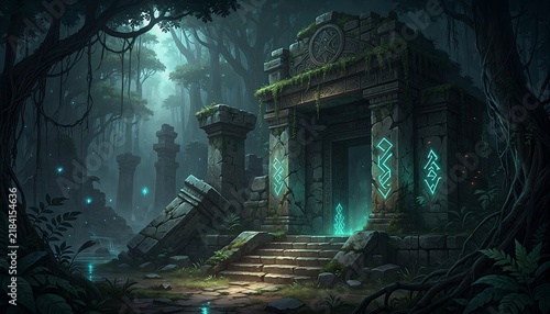 Ancient ruined temple overgrown with vines in a dark forest. Cinematic lighting action RPG game aesthetic