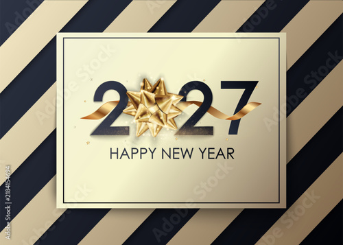 Christmas and New Year 2027 Typographical. New Year background with winter landscape with branches of spruce and pines. New Year 2027 card. Vector Illustration for Your holiday design
