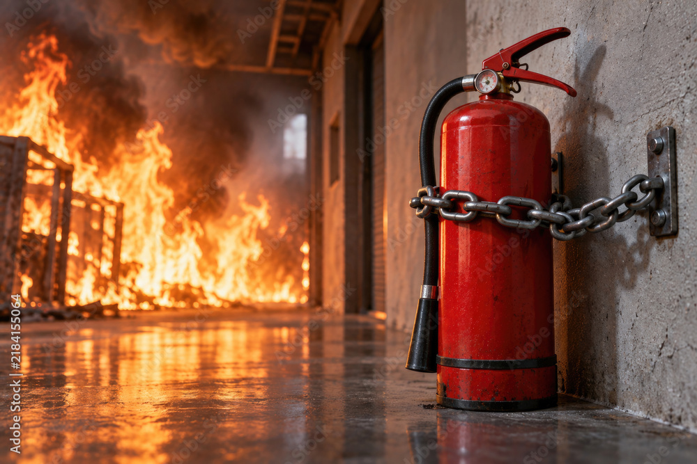 Obraz premium Chained fire extinguisher stands beside a burning room.