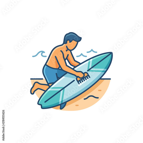 Young Man Preparing Surfboard for Beach Surfing Adventure.