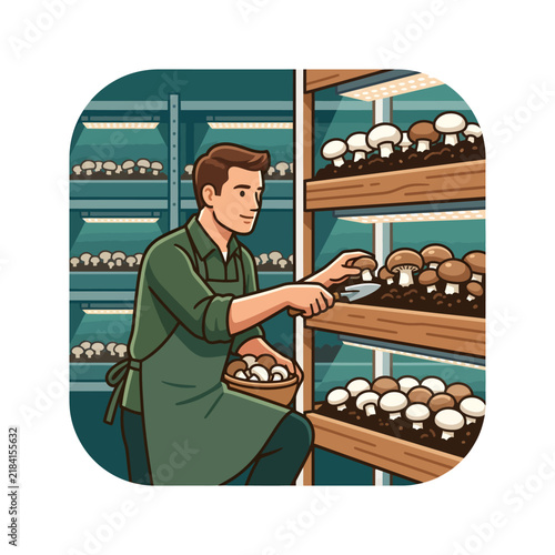 Young Man Selecting Mushrooms in Grocery Store Shelves.