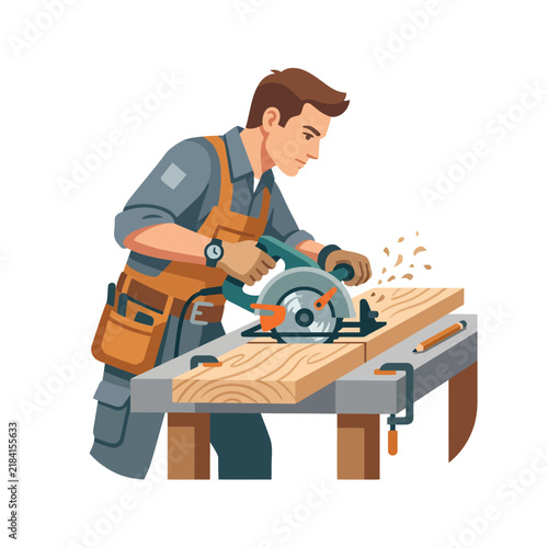 Young Man Using Circular Saw for Woodworking Project.