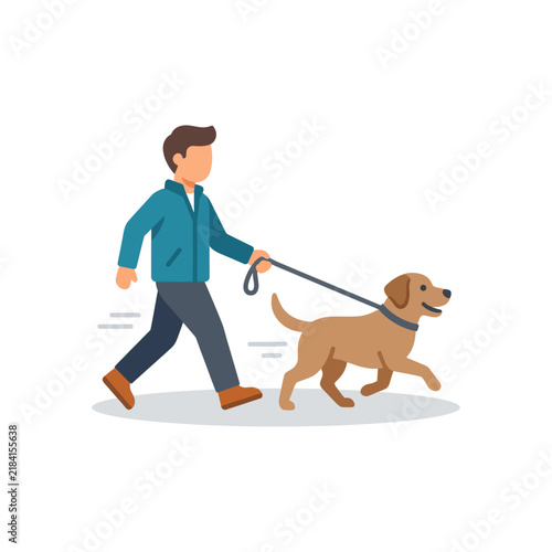 Young Man Walking Dog on Leash in Park.