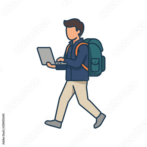 Young Man Walking with Backpack Using Laptop in Casual Attire.