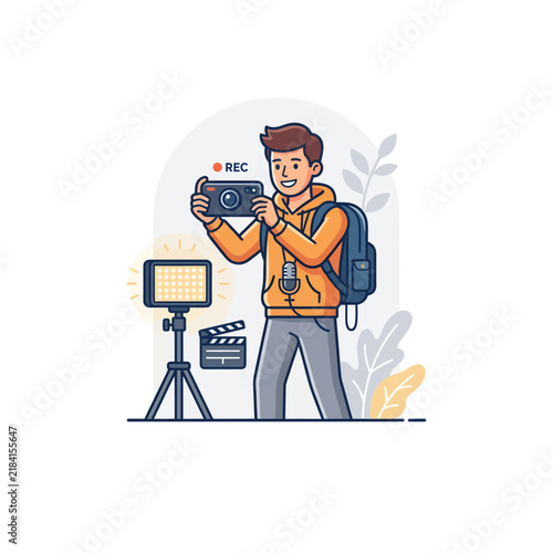 Young Man Filming Video with Camera and Tripod.