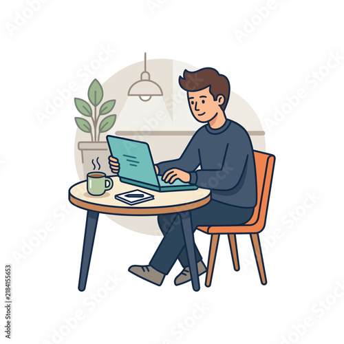 Young Man Working on Laptop at Home Office Desk.