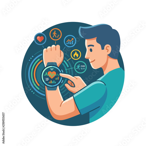 Young Man Using Smartwatch with Digital Interface and Health Monitoring Icons.