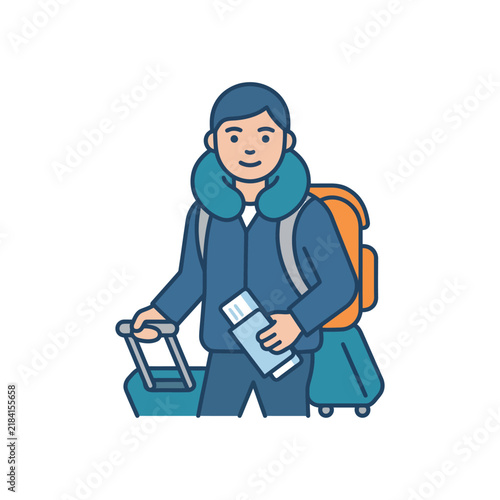 Young Woman Traveling with Suitcase and Backpack.