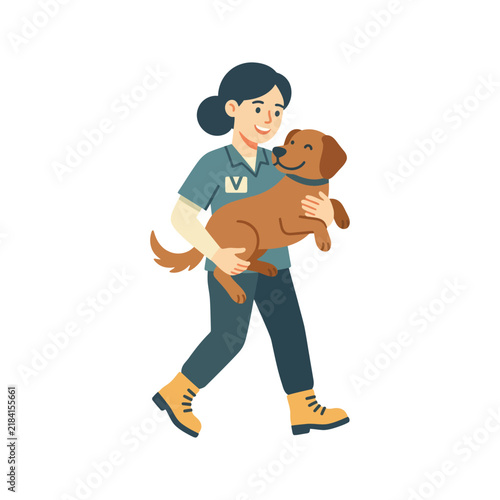 Young Woman Walking with Her Dog in Park.