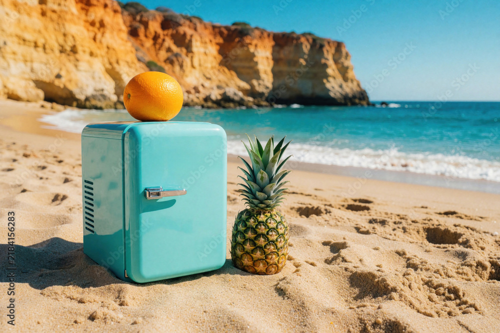 Obraz premium Retro mini fridge and pineapple with orange on sandy beach. Turquoise appliance sits by ocean with cliff backdrop. Summer refreshment, vacation vibe.