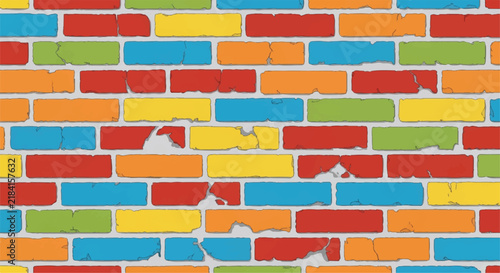 Colorful painted brick wall pattern background with distressed texture. 