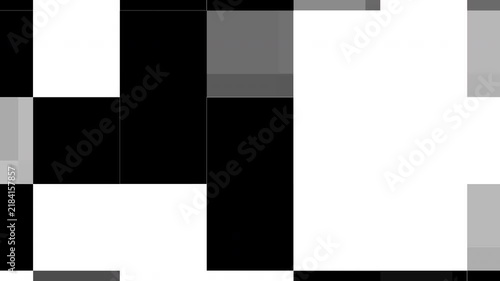 Black white abstract geometric glitch motion background squares pattern pixelated digital art ideal for transitions and modern digital overlays.