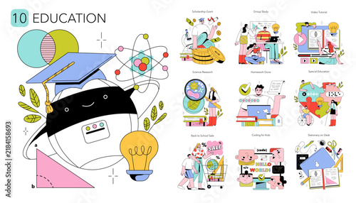 Education icon set showing online study and learning concepts