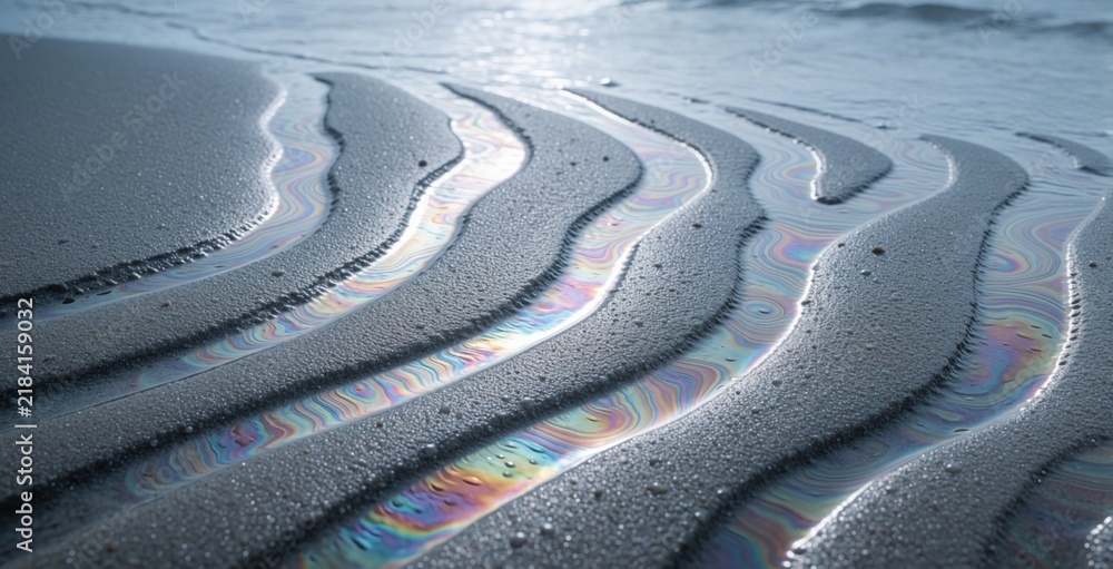 Obraz premium Wet sand ripples form patterns on beach shore after rain. Oily rainbow sheen reflects colors in shallow water streams. Cool overcast day creates calm mood.