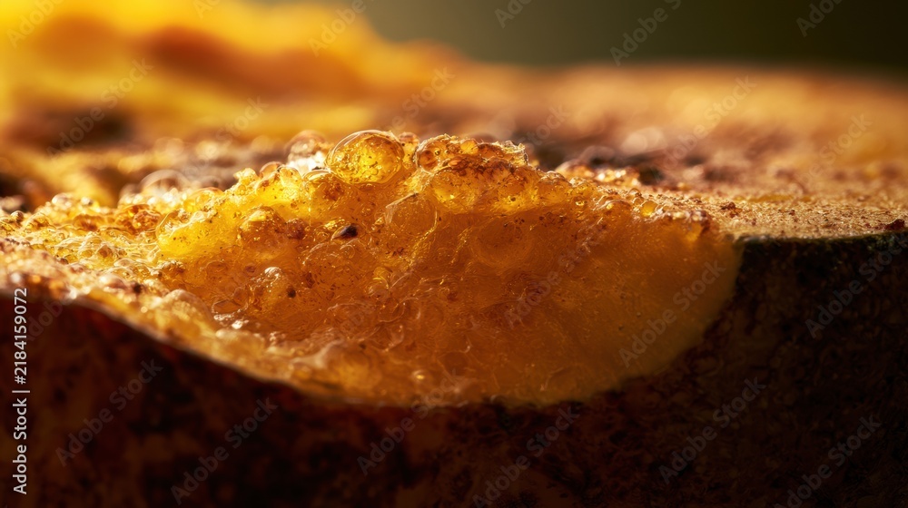 Fototapeta premium Close look at pumpkin skin shows natural detail and texture from the surface in warm light during autumn on a sunny day.