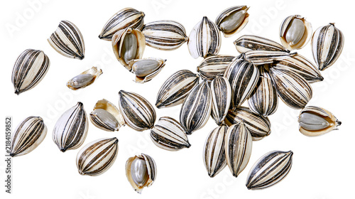 Canvastavla Isolated sunflower seeds with husks and kernels, some cracked open, healthy orga
