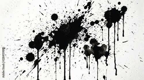 Black ink splatter abstract watercolor paint splash on white background with drips.