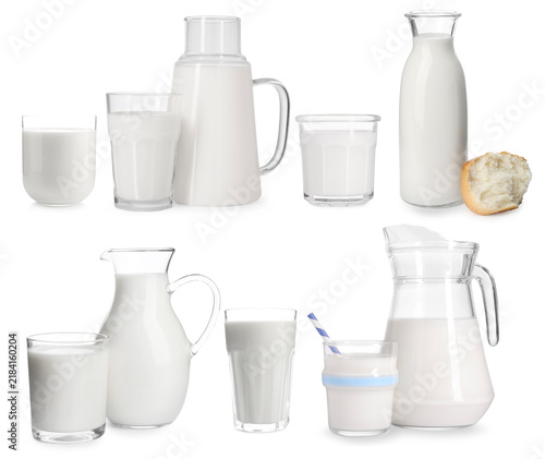 Obraz na płótnie Fresh milk in different glassware isolated on white, set