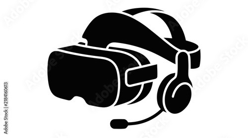 Vector illustration of virtual reality headset with microphone and headphones on a transparent background