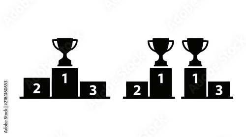 Vector illustration of winners podiums with trophy cups on a transparent background
