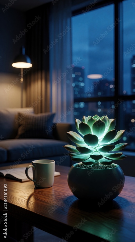 Obraz premium Glowing bioluminescent succulent plant acts as natural lamp in modern living room. Green desert plant emits soft light in dark interior. Wooden table with mug, book near window with city night view.