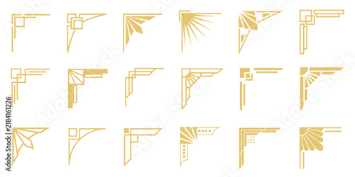 golden art deco corner borders and ornamental angles isolated on white background. Vector illustration set 