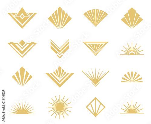golden art deco geometric elements, fan shapes, and sunburst motifs isolated on white background. Vector illustration