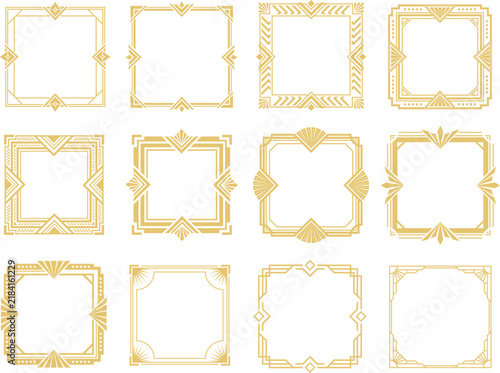 golden geometric art deco square frames and borders isolated on white background. Vector illustration