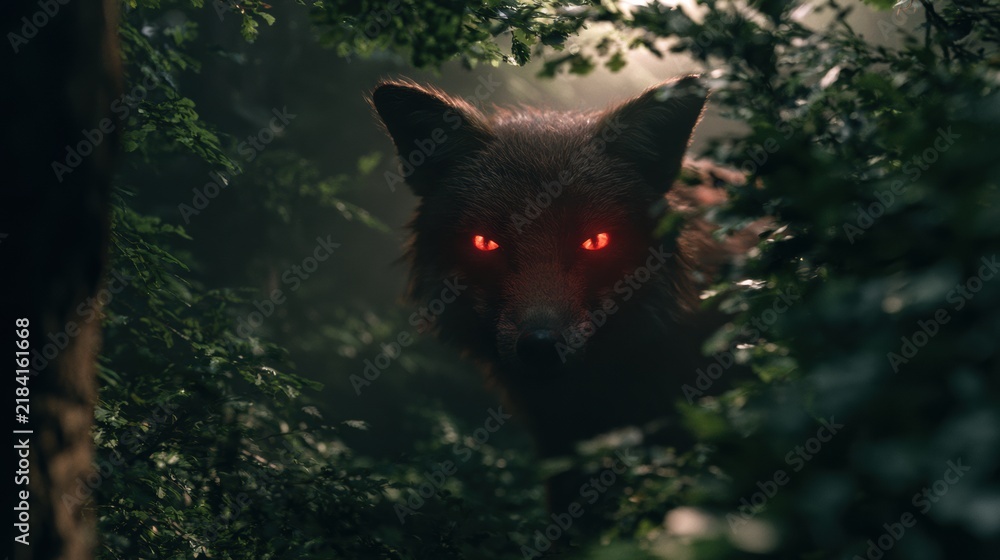 Fototapeta premium A fox stands among dense leaves in a dark forest while light from above highlights its glowing eyes, creating a striking view.