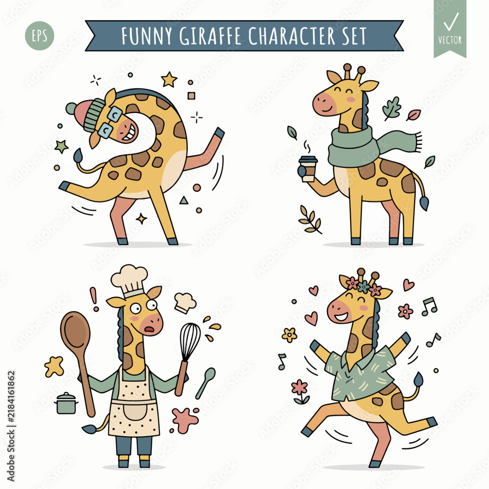 Naklejka premium Adorable Cartoon Giraffe Friends Collection Featuring Funny Personalities and Colorful Safari Scenes