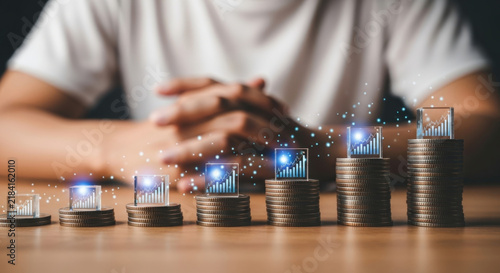 Investment Growth Concept Coins Stacked Increase with Business Chart Hologram Success Accumulation Financial Planning Money Goals Future