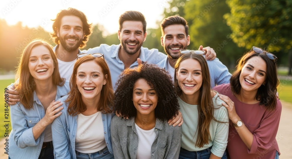 Fototapeta premium A group of smiling friends standing outdoors in a park.