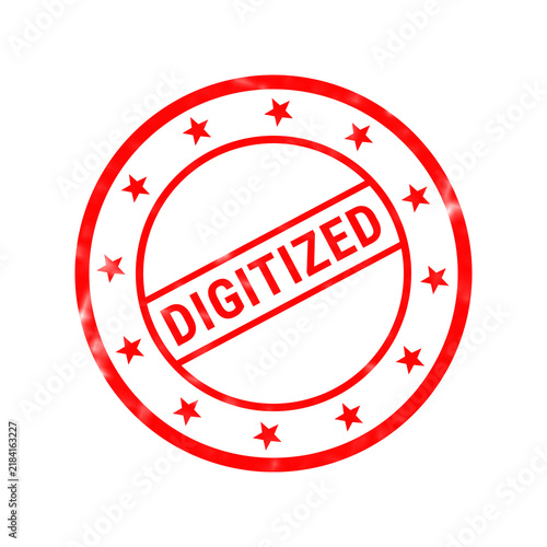 Obraz na plátne Red digitized rubber stamp icon, circular grunge seal with stars, digital transf