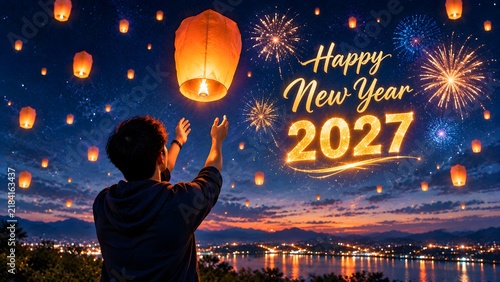 Sky lanterns ascend during a new year celebration with fireworks display